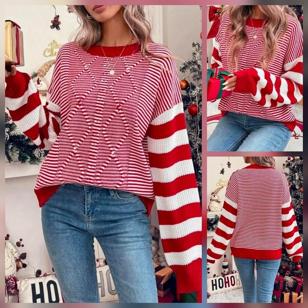 🩵🅰️NWOT Red & White Striped Knit Long Sleeve Sweater Large - Picture 3 of 16